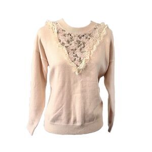 Molly Bracken NWT Golden Cream Sequin & Lace Fringe Trim Knit Sweater, Size M/L